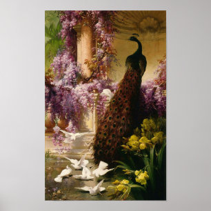 Ein Pfau und Tauben im Garten, Eugene Bidau Poster