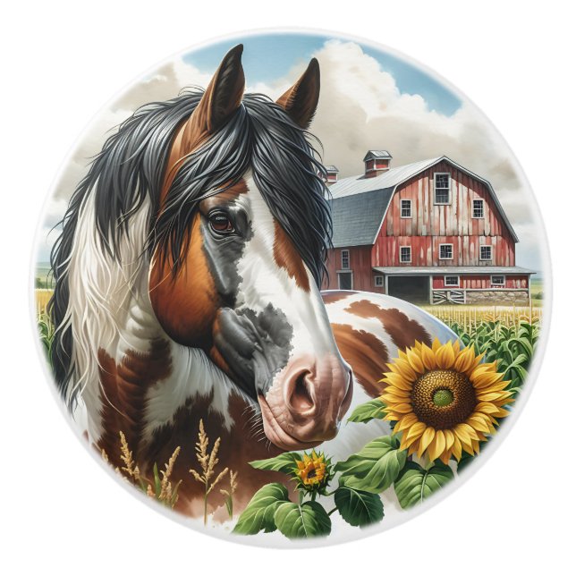 Ein Pferd, rustikale Scheune und Sonnenblumen Keramikknauf (Vorderseite)