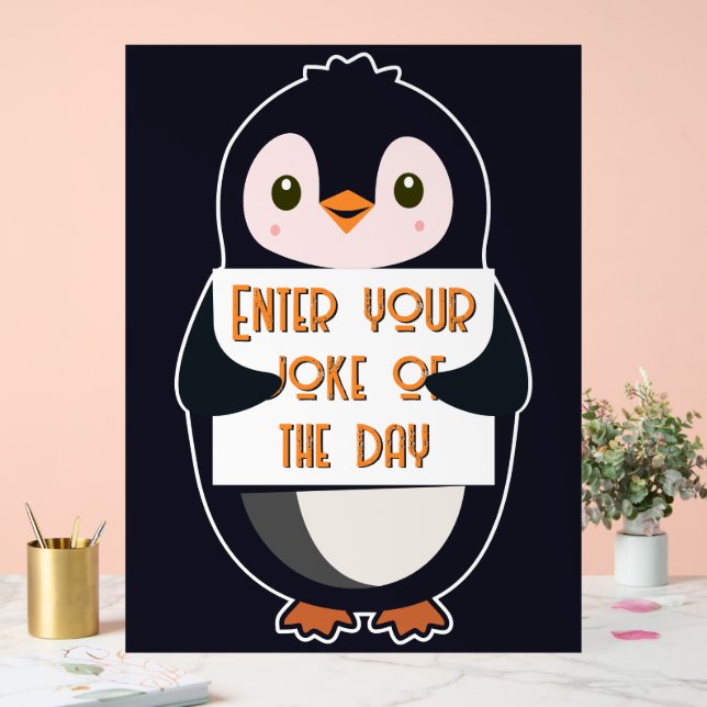 Ein Pinguin hält ein Schild mit individuellem Text (Hochzeit)