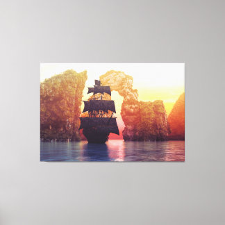 Ein Piratenschiff bei Sonnenuntergang auf einer In Leinwanddruck