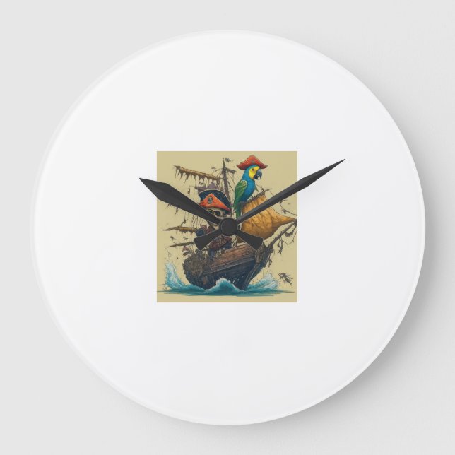 ein Piratenschiff mit Papagei Große Wanduhr (Vorderseite)