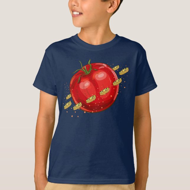 Ein Planet der Tomaten mit Pizzen um ihn herum T-Shirt (Vorderseite)