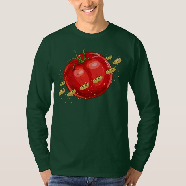 Ein Planet der Tomaten mit Pizzen um ihn herum T-Shirt (Vorderseite)
