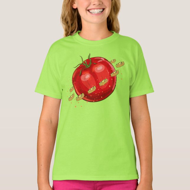 Ein Planet der Tomaten mit Pizzen um ihn herum T-Shirt (Vorderseite)