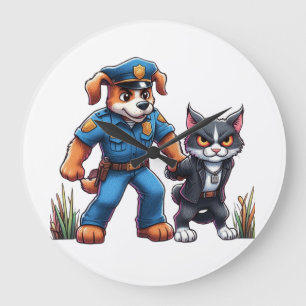 ein Polizeihund und eine gemeine Katze - Spaß Große Wanduhr