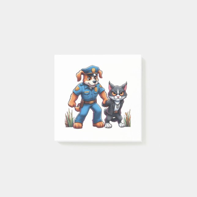 ein Polizeihund und eine gemeine Katze - Spaß Post-it Klebezettel (Vorderseite)
