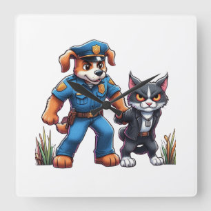 ein Polizeihund und eine gemeine Katze - Spaß Quadratische Wanduhr