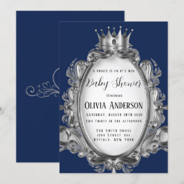Ein Prinz ist auf dem Weg Navy Silver Baby Dusche Einladung