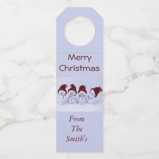 Ein Quartett der Schneemänner Flaschenanhänger (Vorderseite)