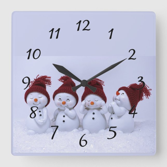 Ein Quartett der Schneemänner Quadratische Wanduhr (Vorderseite)