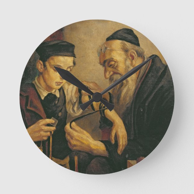 Ein Rabbi, der die Phylakterien an den Arm eines J Runde Wanduhr (Vorderseite)