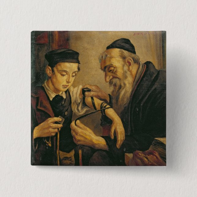 Ein Rabbiner, der die Gebetsriemen am Arm eines Button (Vorderseite)