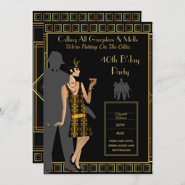Ein rauschendes 20er-Party, Gangster Flapper Deko Einladung (Vorne/Hinten)