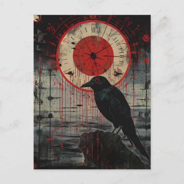 Ein Raven mit Uhr Postkarte (Vorderseite)