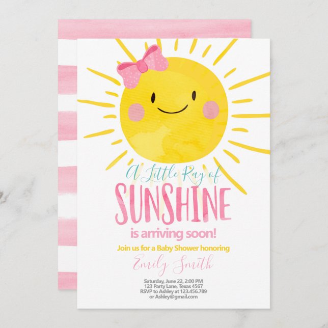 Ein Ray Sonnenschein-Kleine Girl-Pink-Babydusche Einladung (Vorne/Hinten)