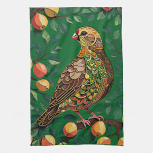 Ein Rebhuhn in einem Birnbaum-Schablonen-Stil Geschirrtuch