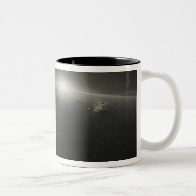 Ein riesiger Asteroidengürtel in Umlaufbahn um ein Zweifarbige Tasse (Rechts)