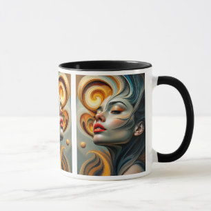 Ein riesiges, surrealistisches weibliches Gesicht. Tasse