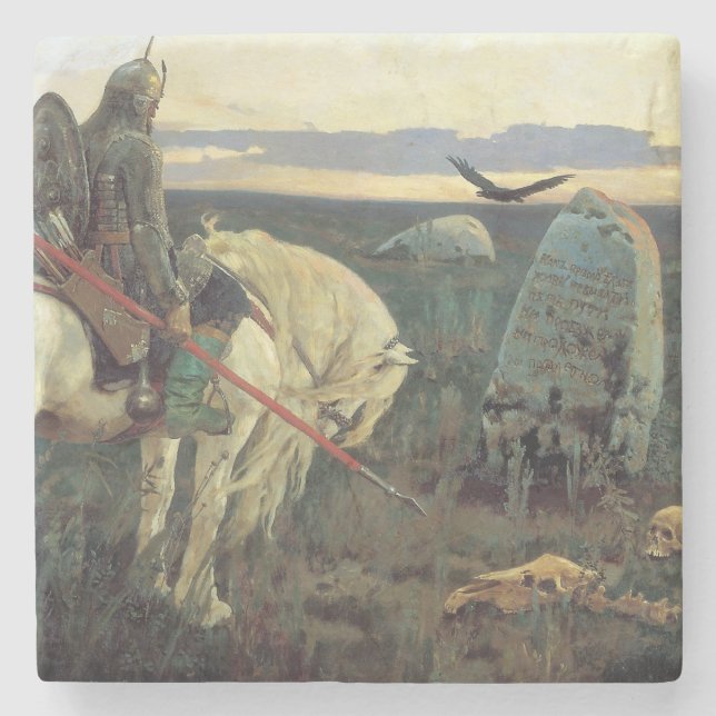 Ein Ritter an der Kreuzung (von Viktor Vasnetsov) Steinuntersetzer (Vorderseite)
