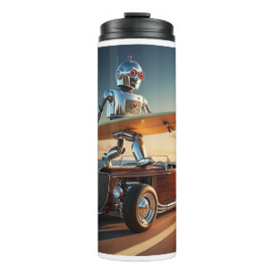 Ein Roboter, ein Surfbrett und ein Oldtimer Thermosbecher