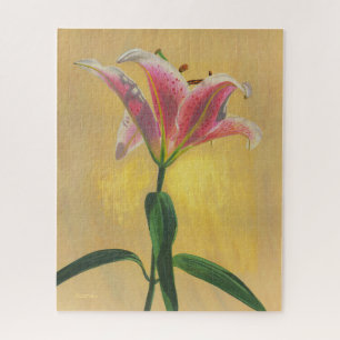 Ein rosa Lilie Acrylmalerei goldener Hintergrund Puzzle