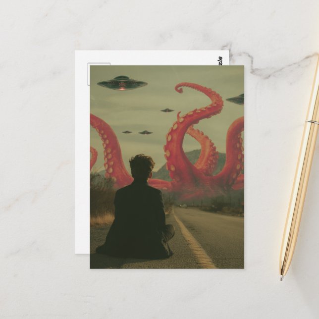 Ein rosa Oktopus und UFOs sitzen auf der Straße Postkarte (Vorderseite/Rückseite Beispiel)