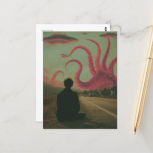 Ein rosa Oktopus und Ufos surreale KI generierten  Postkarte
