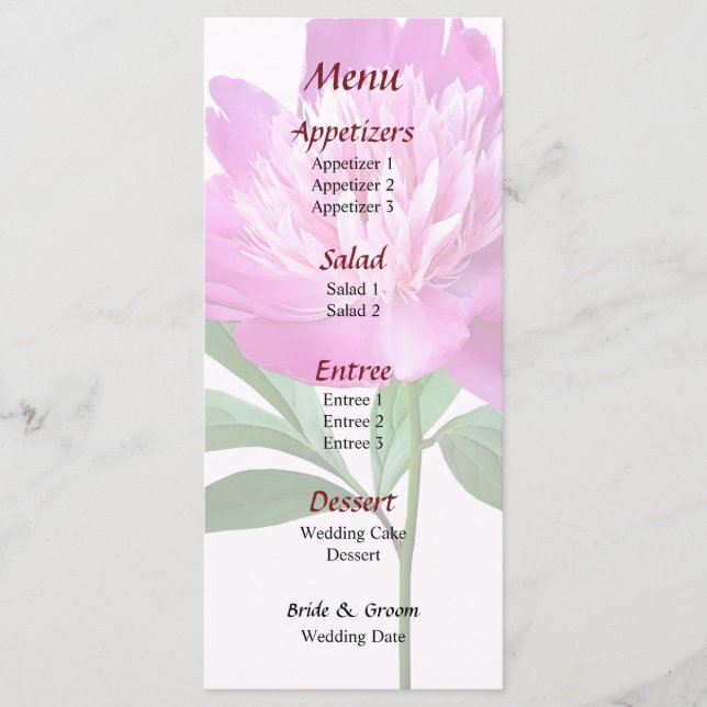 Ein rosa Peony Wedding Menü Menükarte (Vorderseite)
