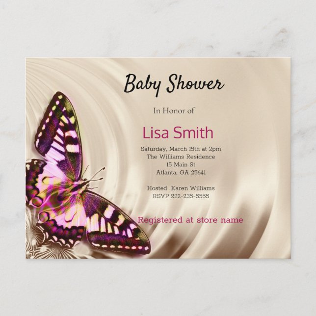 Ein rosa Schmetterling auf cremefarbenem Satin-Hin Einladungspostkarte (Vorderseite)