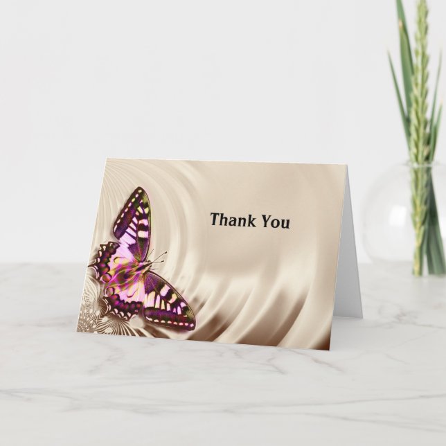 Ein rosa Schmetterling auf cremefarbenem Satin-Hin Karte (Vorderseite)