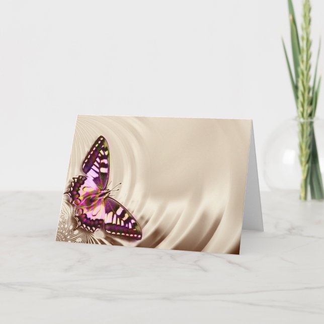 Ein rosa Schmetterling auf cremefarbenem Satin-Hin Karte (Vorderseite)