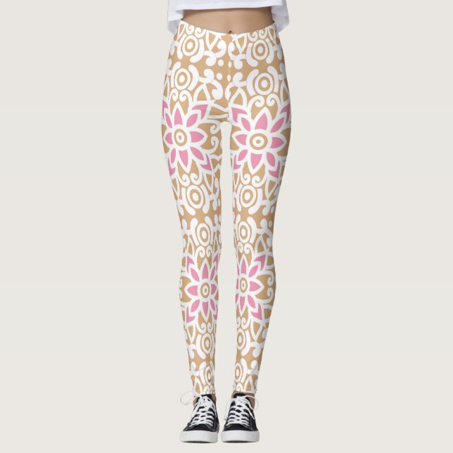 ein rosa-weiße Blume-Muster auf braunem Hintergrun Leggings (Vorderseite)