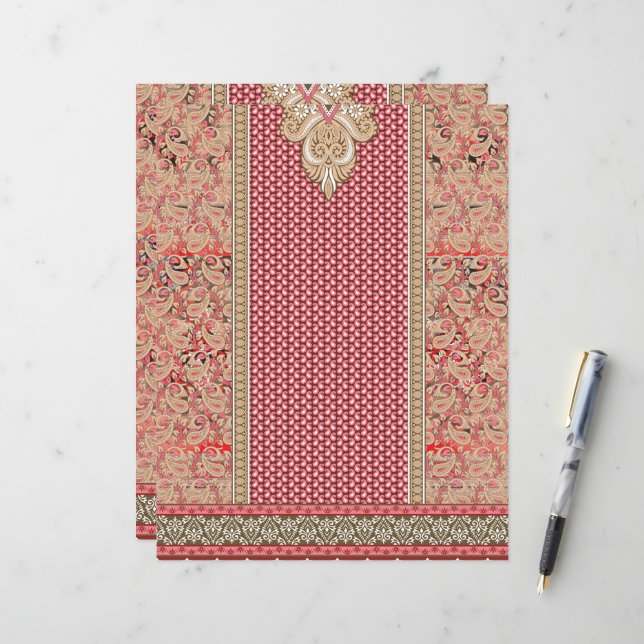 ein roter und beigefarbener Teppich mit Goldrahmen (Vorderseite/Rückseite Beispiel)