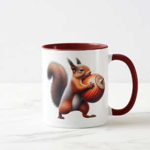 Ein rotes Eichhörnchen zieht eine Haselnuss gegen Tasse