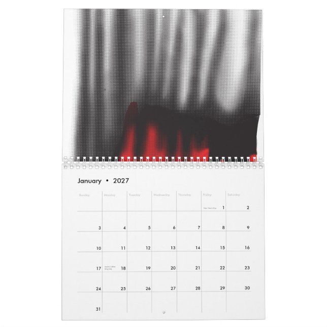 Ein rotes grafisches Design mit fett geometrischer Kalender (Jan 2027)