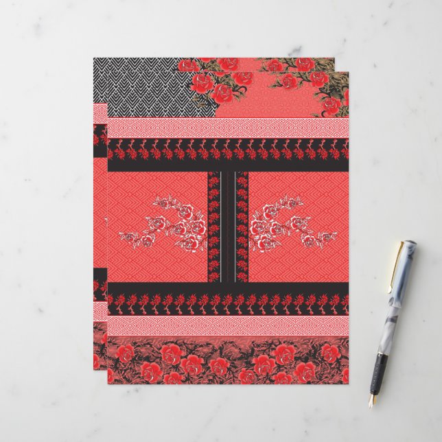 ein rotes und schwarzes Muster mit Blume darauf (Vorderseite/Rückseite Beispiel)