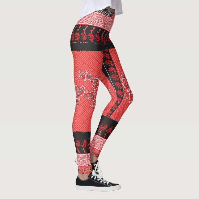 ein rotes und schwarzes Muster mit Blume darauf Leggings (Rechts)