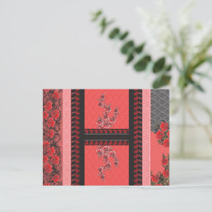 ein rotes und schwarzes Muster mit Blume darauf Postkarte