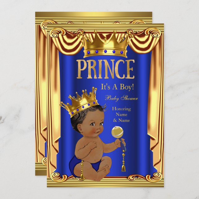 Ein Royal Blue Prince Baby Shower Gold Boy Ethnic Einladung (Vorne/Hinten)