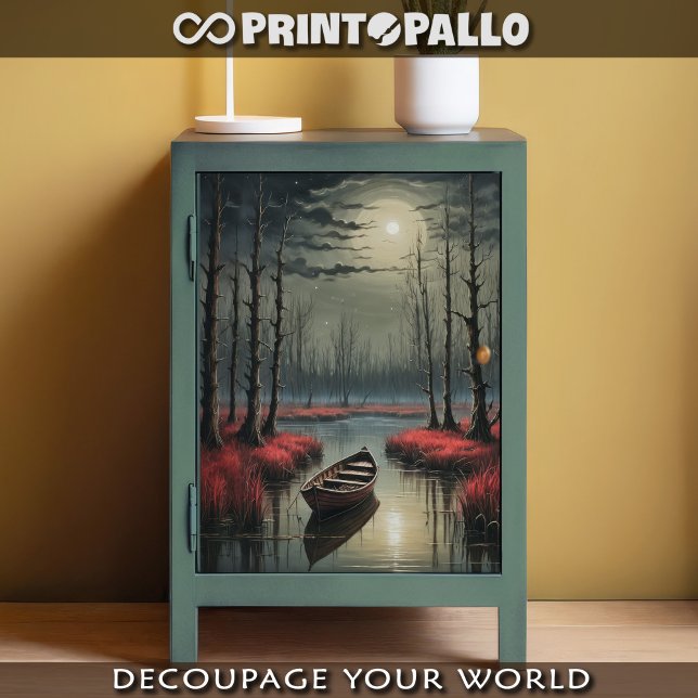 Ein Ruderboot, das unter dem Mondschein in einem S Seidenpapier (Von Creator hochgeladen)