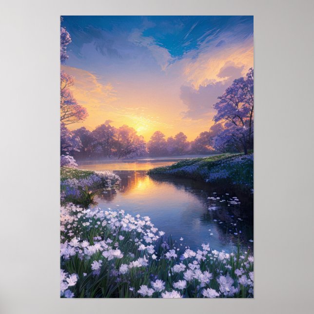 Ein ruhiger Fluss in einem Bed of White Blume Poster (Vorne)
