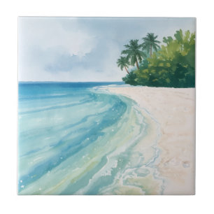 Ein ruhiger tropischer Strand in Aquarell Fliese