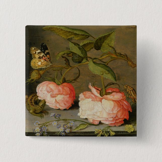 Ein ruhiges Leben mit Rosen auf einer Leiste Button (Vorderseite)