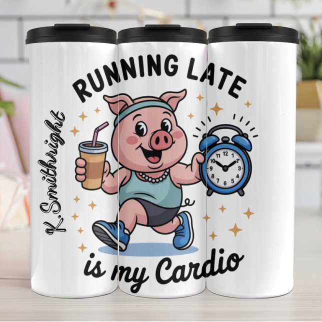 Ein Running Pig mit einer Uhr Thermosbecher (Von Creator hochgeladen)