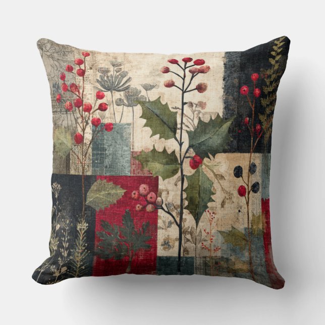 Ein rustikales Winter-Patchwork mit Stechpalmen-Be Kissen (Vorderseite)