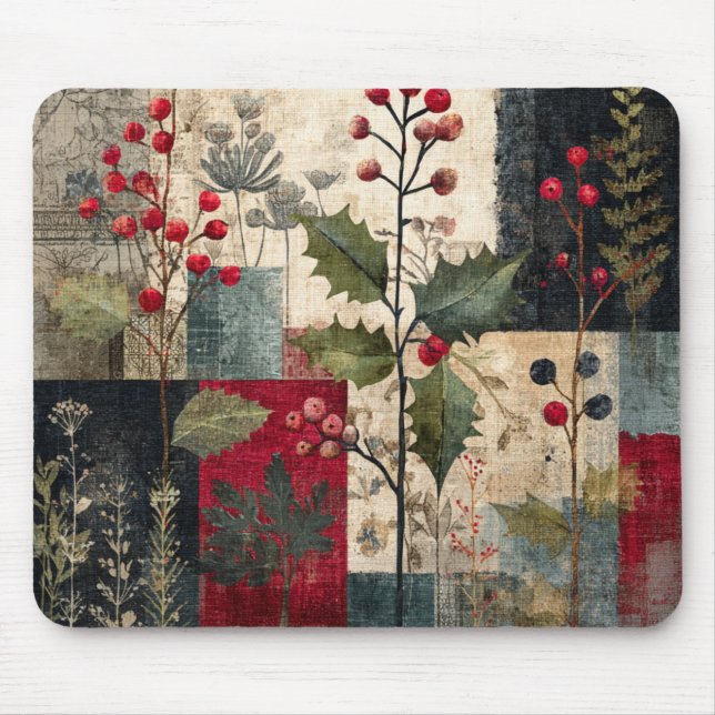 Ein rustikales Winter-Patchwork mit Stechpalmen-Be Mousepad (Vorne)