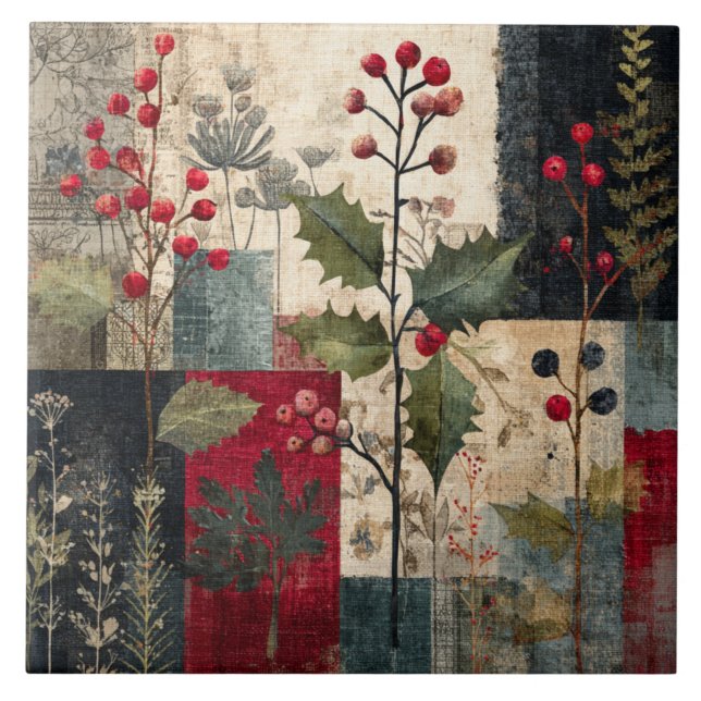 Ein rustikales Winter-Patchwork mit Stechpalmenbee Fliese (Vorderseite)