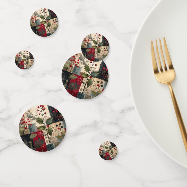 Ein rustikales Winter-Patchwork mit Stechpalmenbee Konfetti (Gruppe)
