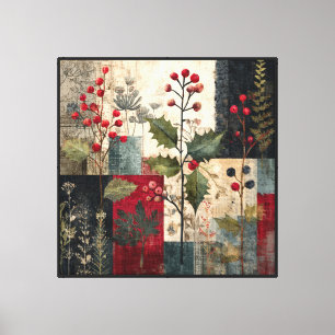 Ein rustikales Winter-Patchwork mit Stechpalmenbee Leinwanddruck
