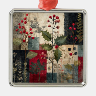 Ein rustikales Winter-Patchwork mit Stechpalmenbee Ornament Aus Metall